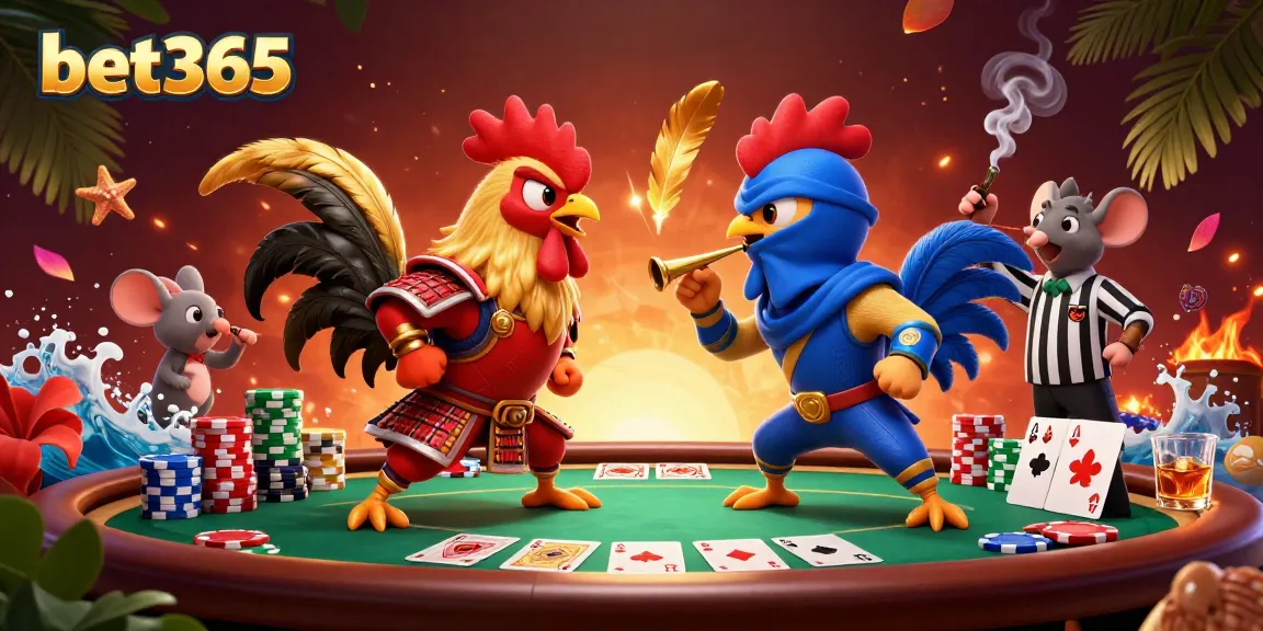 Bet365 showcases a lively poker scene with dynamic fighting roosters and vibrant casino elements.