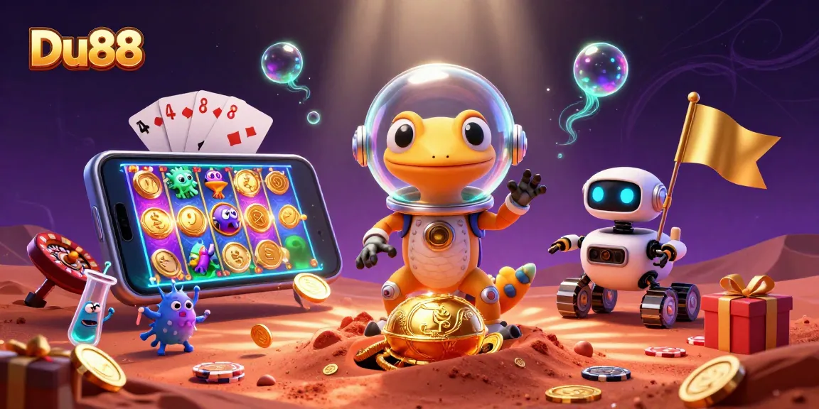 Experience the Du88 Casino adventure with a Martian gecko and golden treasures amidst vibrant 3D elements.