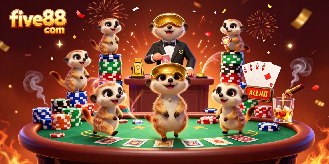 Experience the vibrant world of five88 com with playful meerkats in a dynamic casino setting.