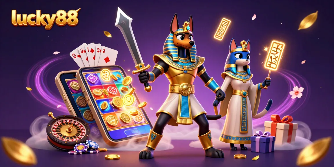 Engage with the thrilling lucky88 slot game featuring Anubis and Bastet amidst dynamic casino elements.