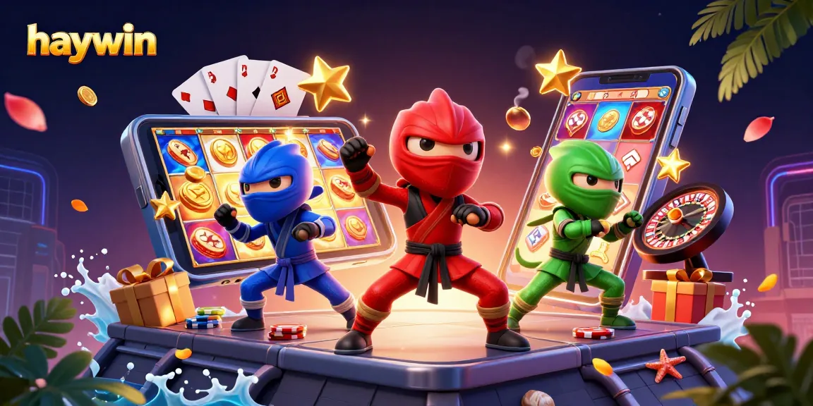 Haywin's ninja chameleon team showcases thrilling synchronized gaming action amid vibrant casino elements.