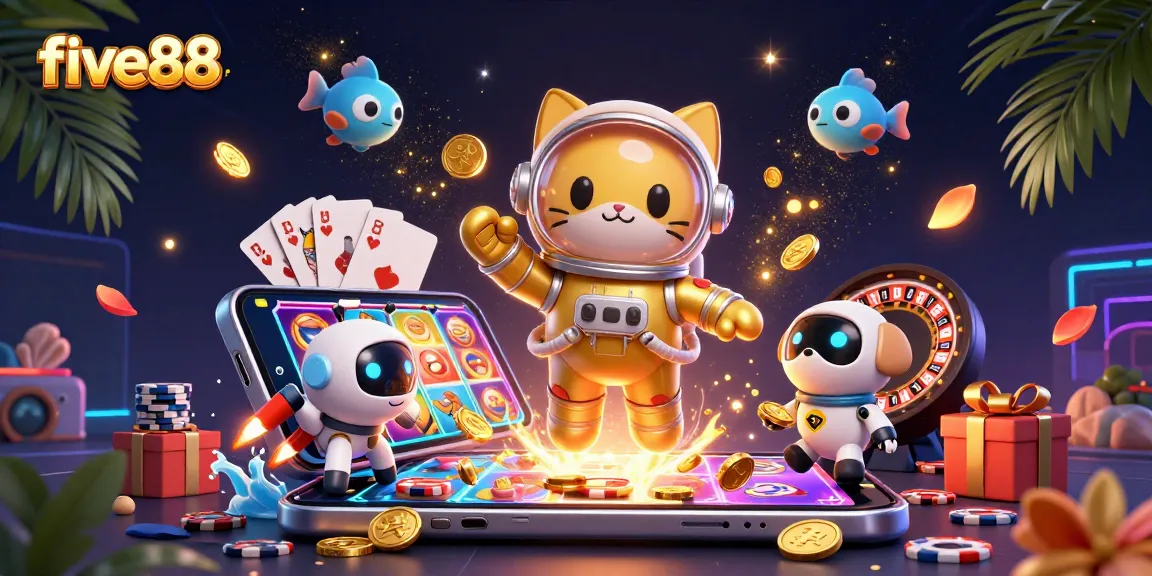 Experience excitement with five88 as a space astronaut cat and robot dog explore a vibrant casino universe.