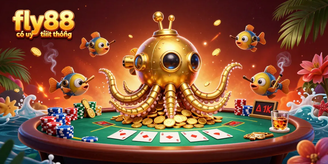 Check if fly88 có uy tín không with this dynamic poker scene featuring a golden kraken submarine.