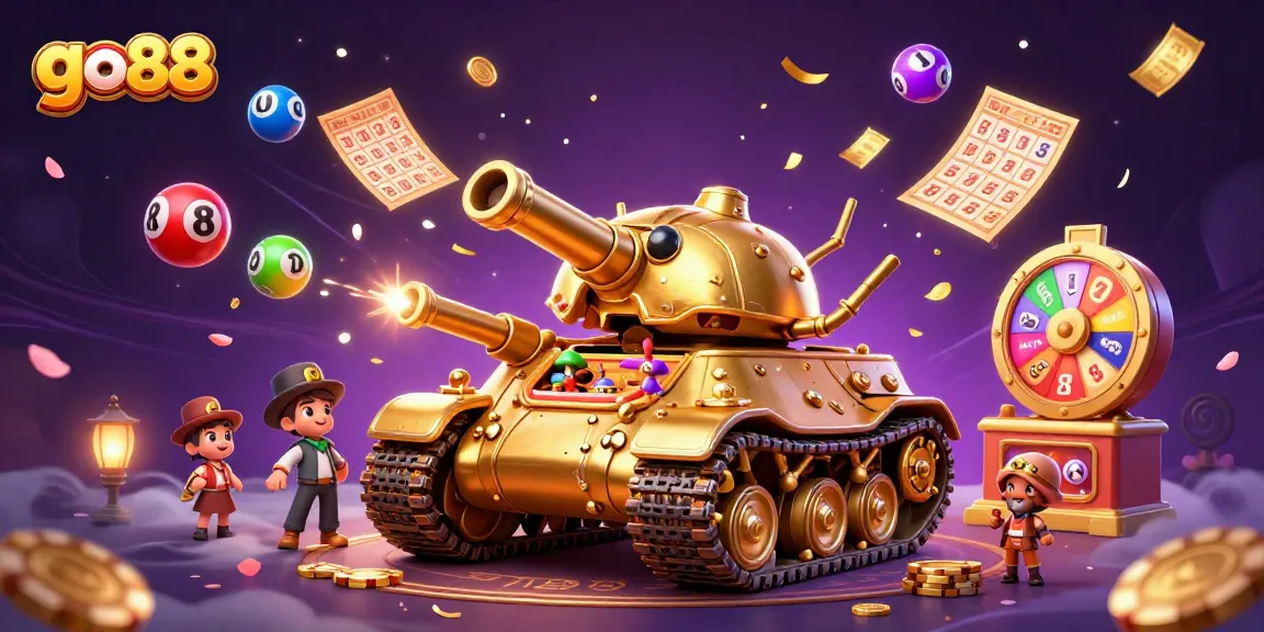 Win big in go88 with a vibrant casino scene featuring a golden beetle tank and lively lottery elements.