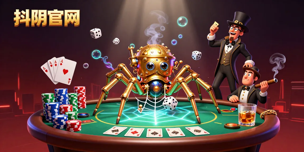 Winning strategies at 抖阴官网 with a lively steampunk spider and cards in a vibrant casino scene.