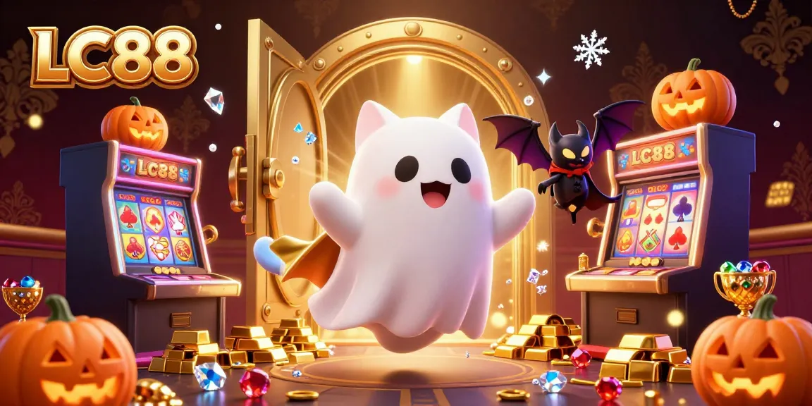 Engaging scene of LC88 casino featuring a friendly ghost cat, a bat in a cape, and jack-o-lanterns, embodying fun gambling energy.