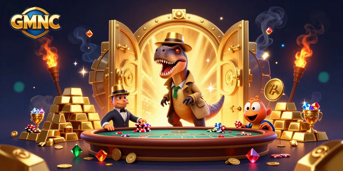 GMNC showcases a cartoon velociraptor card counter and stegosaurus pit boss in a vibrant gambling scene, capturing casino action.