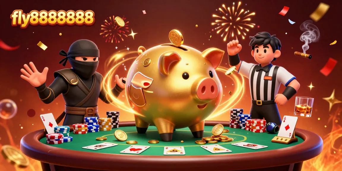 Watch the golden piggy bank sumo wrestler stomp, scattering coins in fly88888888's dynamic casino scene.