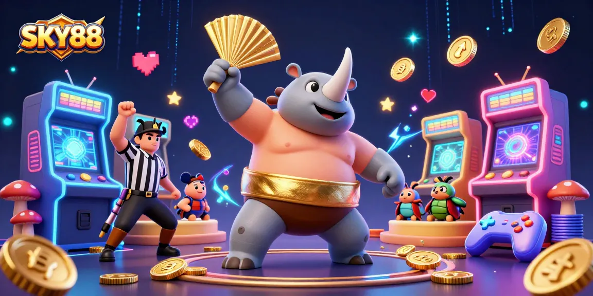 Engage with the thrilling world of SKY88 as the rhinoceros beetle sumo champion celebrates big wins and flying coins.