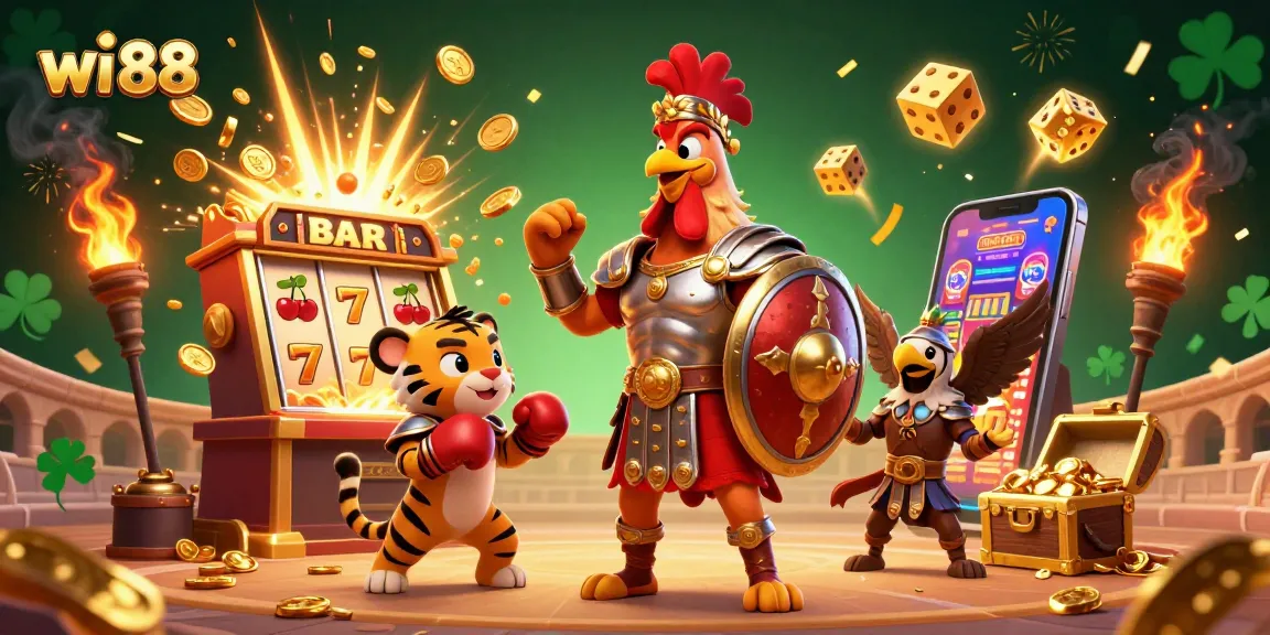Experience the thrilling action at wi 88 with a lively casino scene featuring colorful symbols and characters.