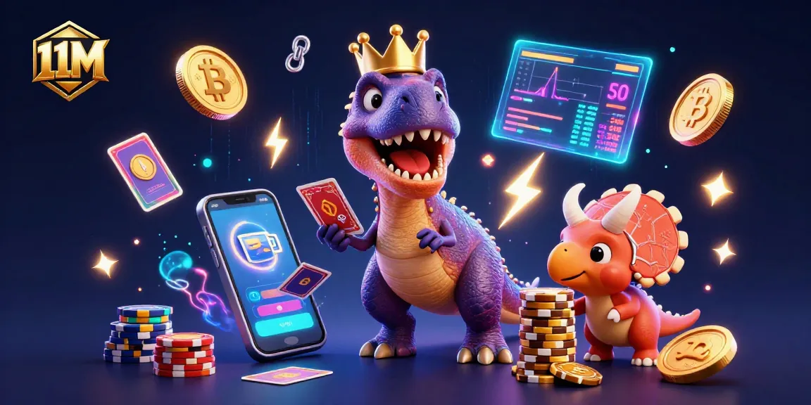 Engage with the 11M casino scene featuring a T-Rex shuffling cards and dinosaurs stacking chips.