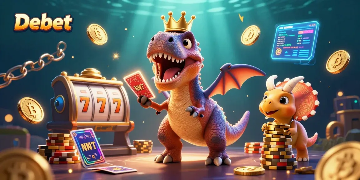Experience the thrill of Debet with a T-Rex playing cards and a vibrant casino atmosphere.