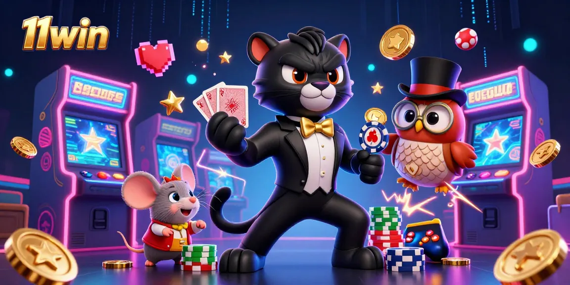 Delve into the vibrant world of 11win with this dynamic casino illustration showcasing a black panther dealer and lively game elements.