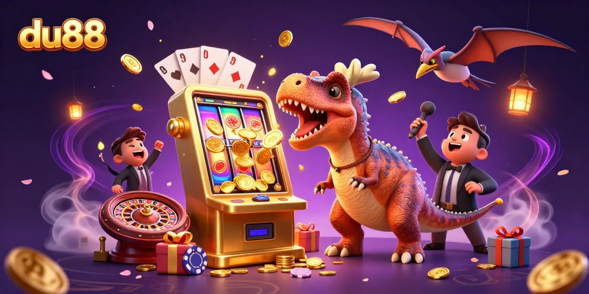 du88 casino scene with a dinosaur, jackpot slot machine, and flying coins