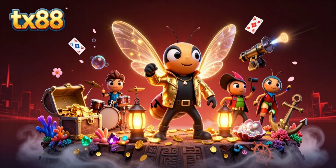 Experience the thrill of tx88 with a vibrant casino scene featuring rock star characters and dynamic gaming elements.