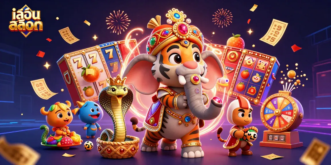 Experience an energetic scene ofเล่นสล็อต with a maharaja tiger, jewel-encrusted elephant, and dynamic game elements.