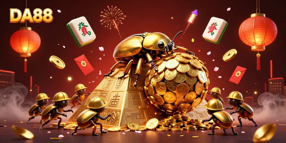 DA88 promotes excitement with a vibrant scene of golden beetles amid casino symbols and festive elements.