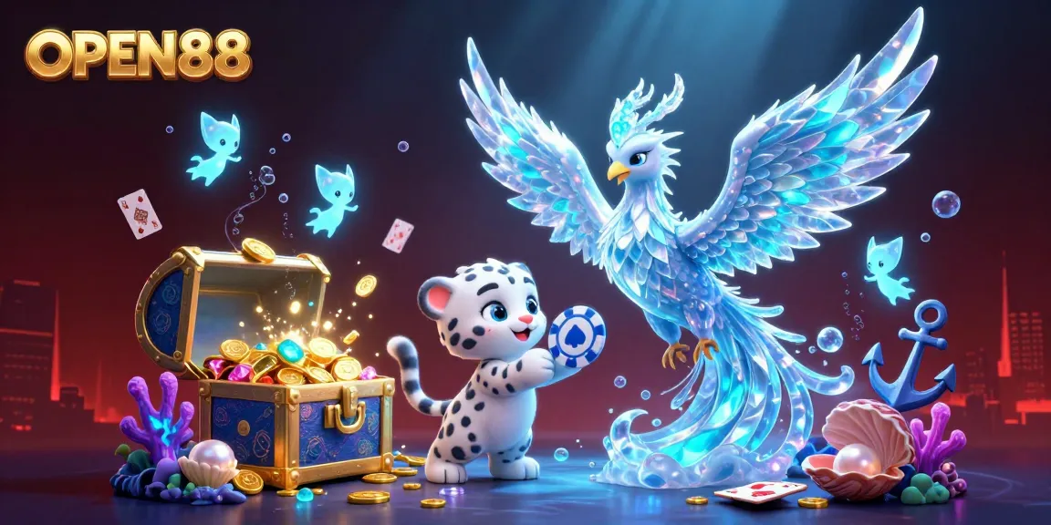 OPEN88 features an enchanting ice phoenix scene with vibrant colors and gambling elements for players
