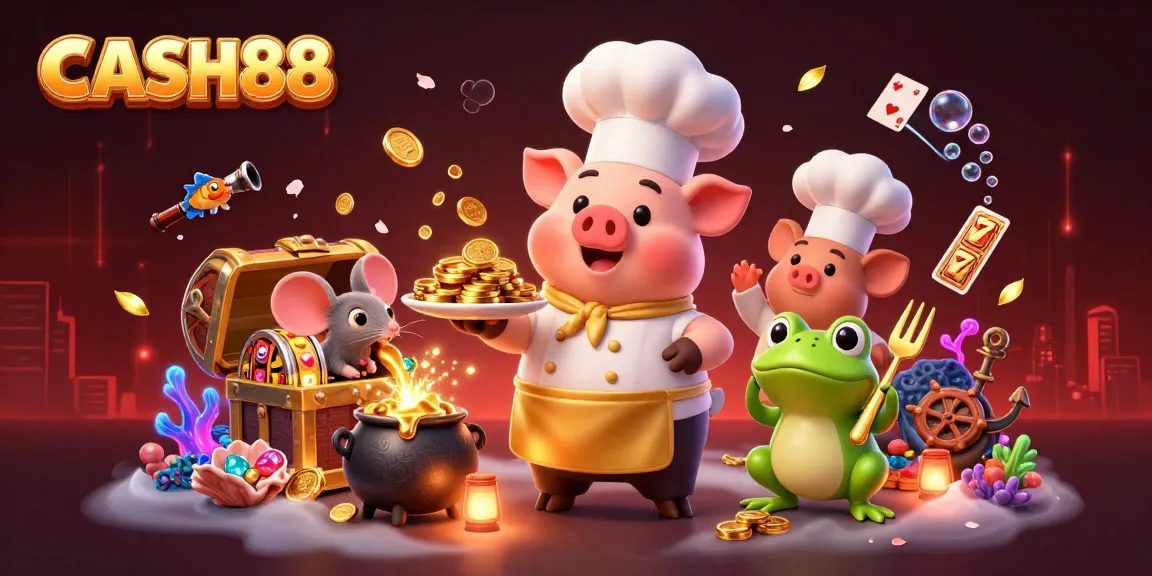 Win big at CASH88 with vibrant slots and engaging gameplay in this 3D illustrated scene.