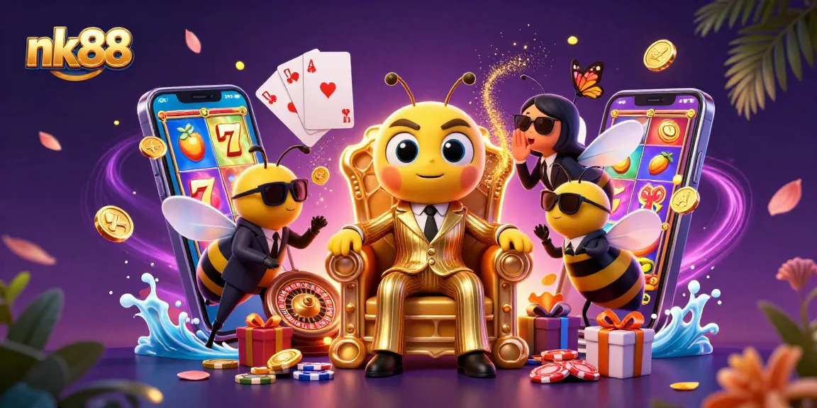Engage with nk88’s vibrant slot games amidst a whimsical casino scene featuring a bumblebee mob boss and butterfly informant.