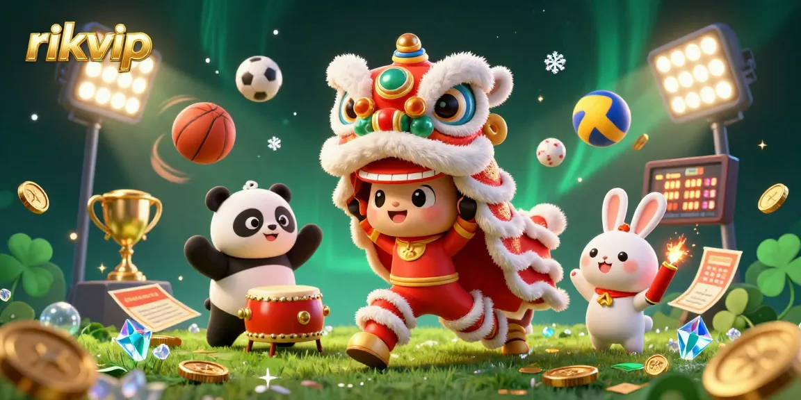 Experience thrilling betting action at rikvip with dynamic 3D illustration showcasing festive characters and sports elements.