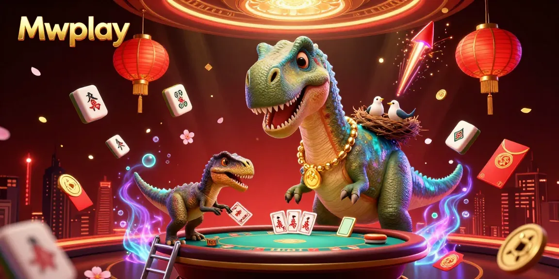 Mwplay brings excitement to life with a whimsical, ultra-detailed 3D casino scene featuring a brontosaurus and raptor in a vibrant online setting.