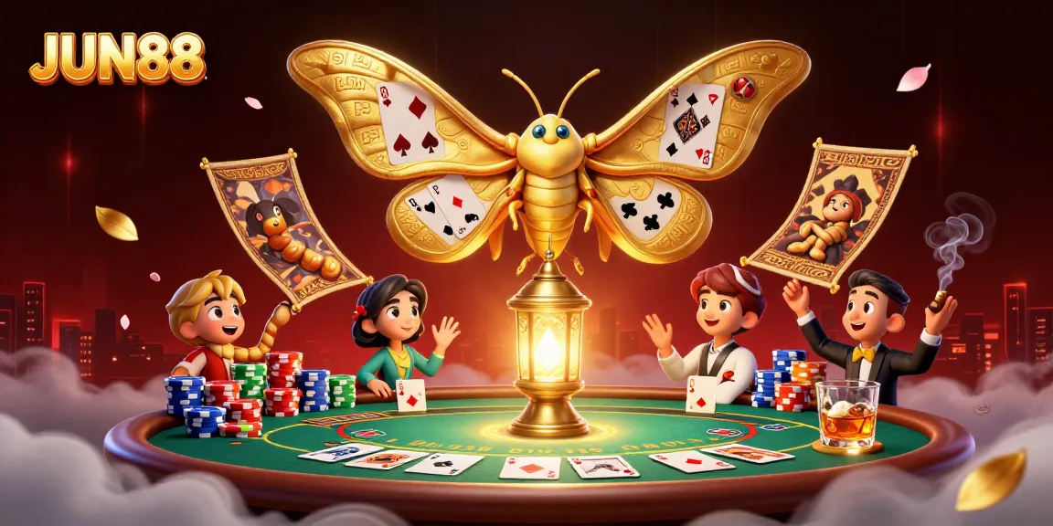 Engage with JUN88 in a vibrant casino scene featuring a colorful atlas moth and poker elements.