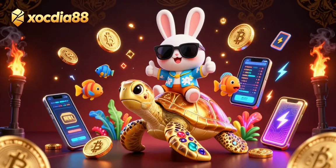 xocdia88 offers thrilling casino experiences with a lucky rabbit and a golden turtle amid vibrant game elements.