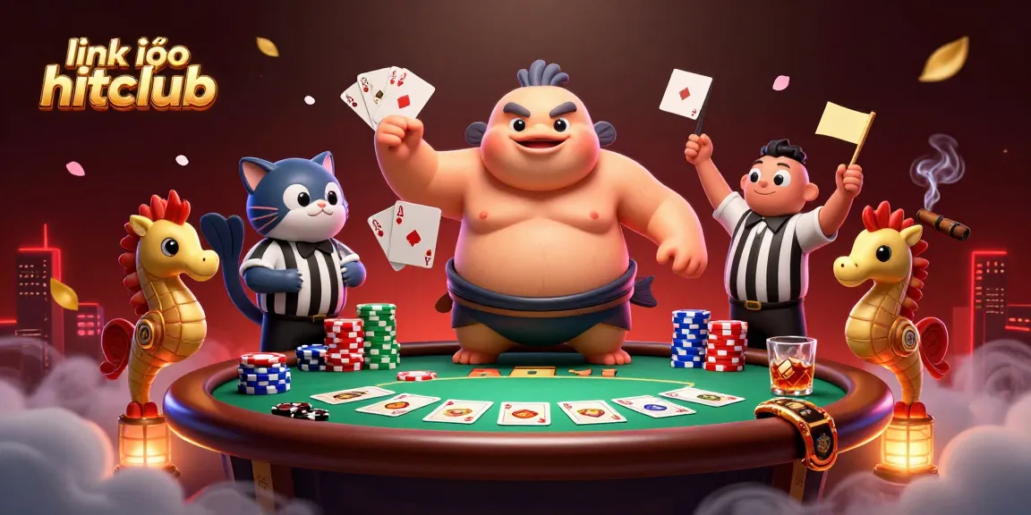 Engage with link vào hitclub in this vibrant illustration featuring a fugu in a sumo setting amid casino elements.