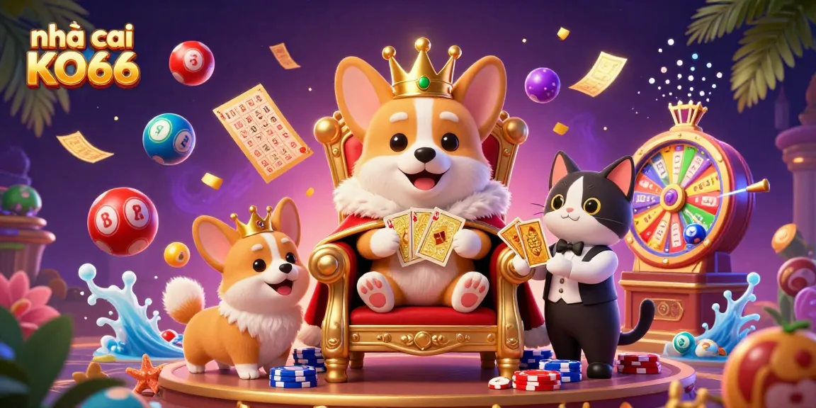 Play and win at nhà cái KO66 with a visually rich cartoon scene featuring a royal corgi and vibrant gaming elements.