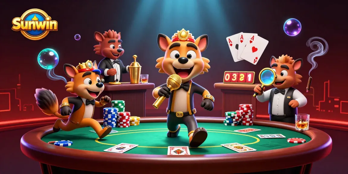 Sunwin casino illustration featuring a hyena comedy club with vibrant gambling elements.
