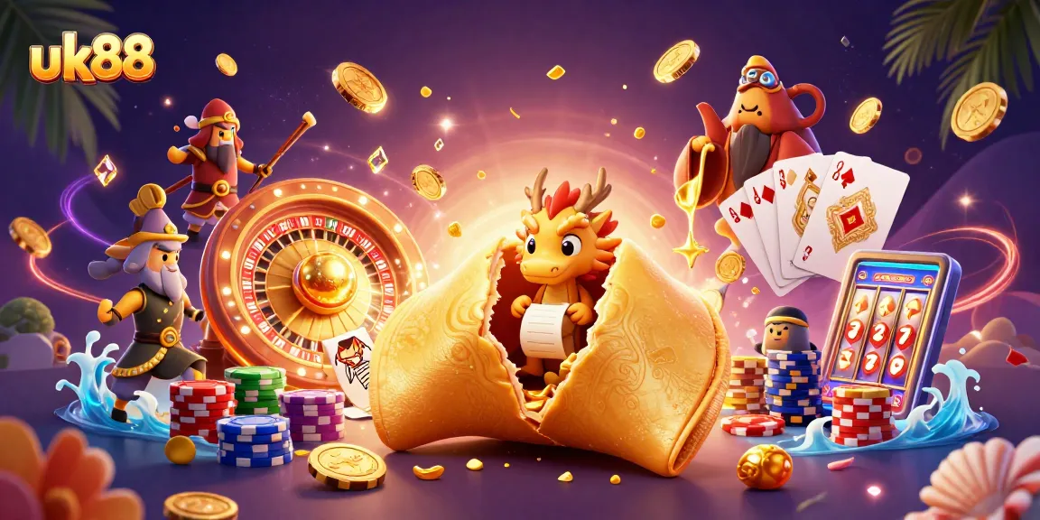 Engage with uk88's golden fortune cookie scene as 3D characters and vibrant casino elements unfold.