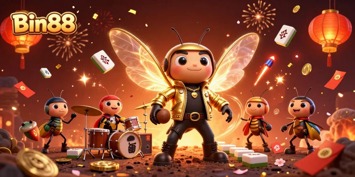 Engage in thrilling gameplay with Bin88's vibrant casino atmosphere featuring a rocking cicada and festive effects.