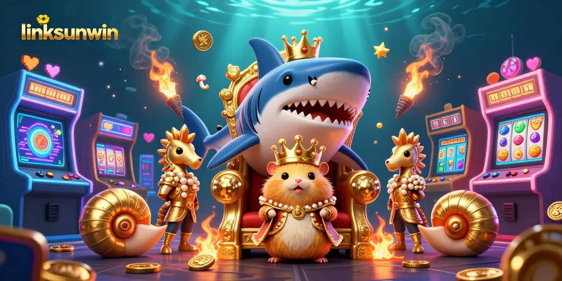 Engage with linksunwin's vibrant casino scene featuring a golden hamster king and slot game elements.