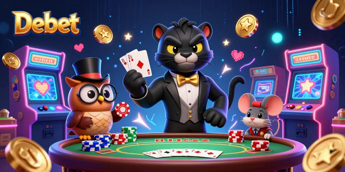 Experience thrilling poker action with Debet's stylish characters surrounded by vibrant casino elements.