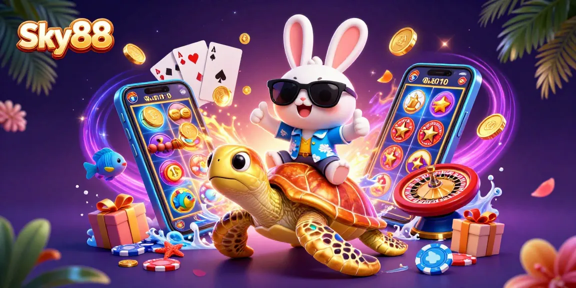 Engage with Sky88's vibrant casino scene featuring a lucky rabbit on a golden turtle amidst rich game elements.