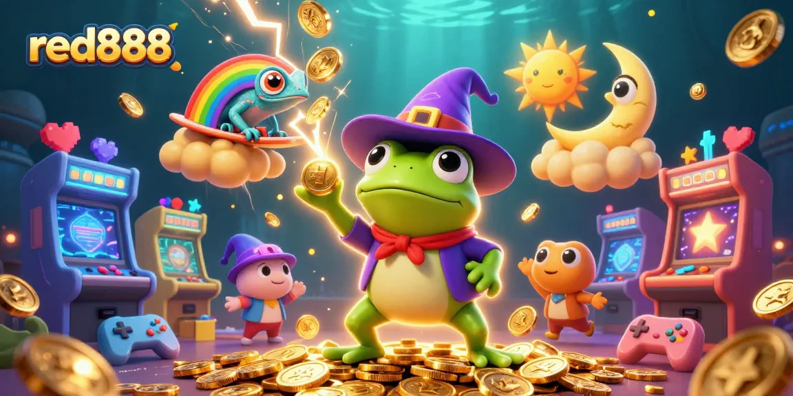 Experience the excitement of red888 as a frog wizard conjures golden coins amidst vibrant arcade elements.