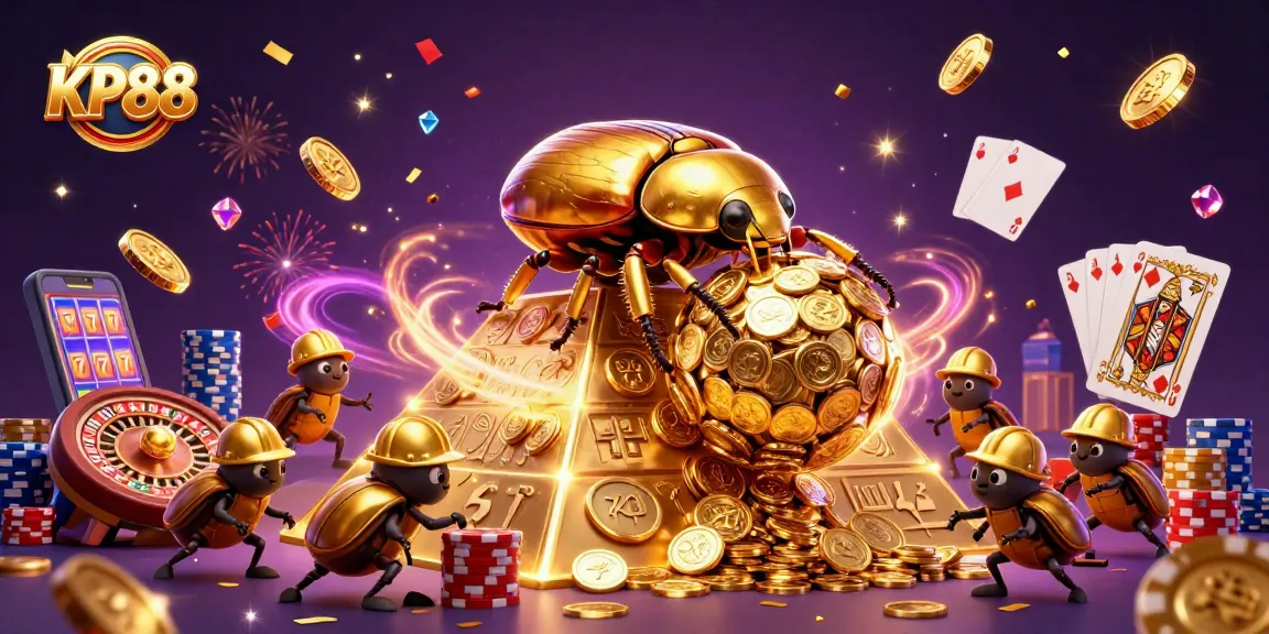 Experience KP88 with a cartoon beetle rolling golden coins amidst dynamic casino elements.