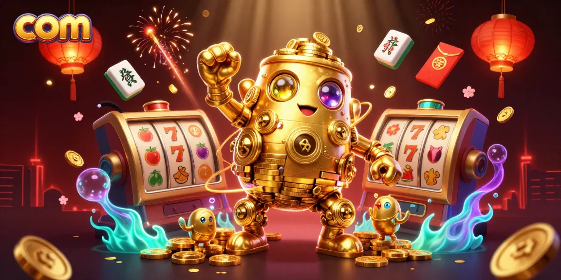 Play slots with com's golden golem and winning symbols in a vibrant 3D casino scene.