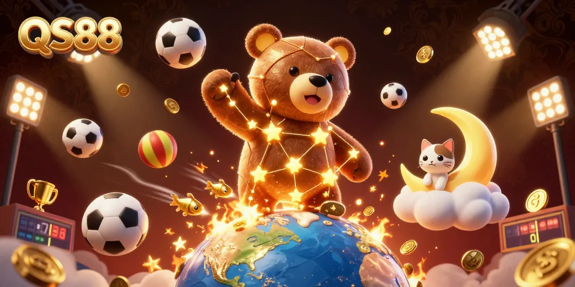 Engage with the vibrant world of QS88, where a constellation bear scoops coins in a dynamic casino scene.