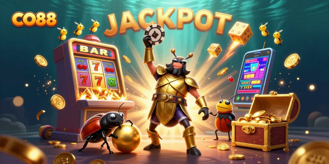 CO88 gaming scene featuring a victorious beetle character with jackpot symbols and golden coins.
