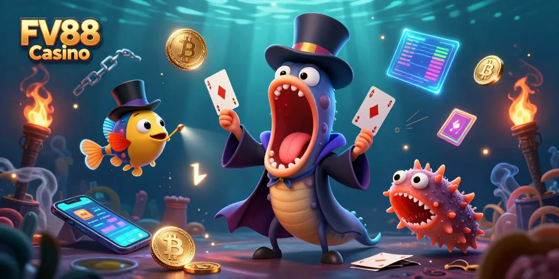 Experience exciting gaming action at FV88 Casino with vibrant underwater characters and vivid crypto elements.