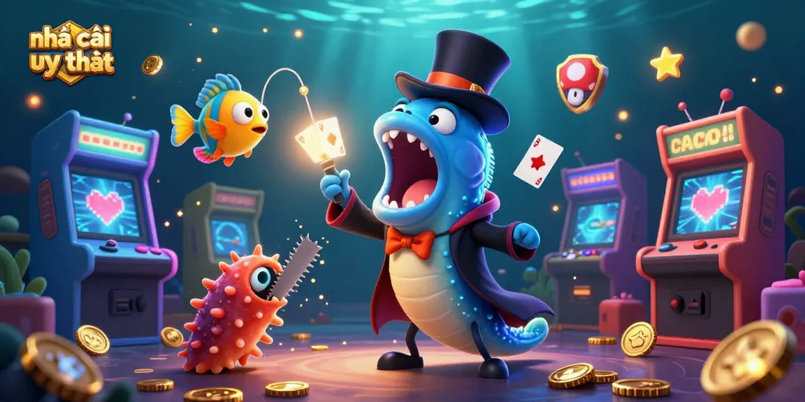 Engage with nhà cái uy tín through exciting underwater card tricks in a vibrant casino-themed scene.