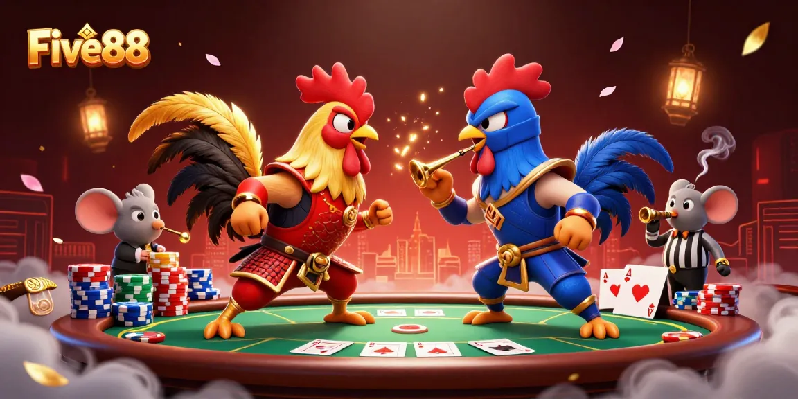 Experience the thrill of Five88 casino games with a dynamic rooster showdown and vibrant poker elements