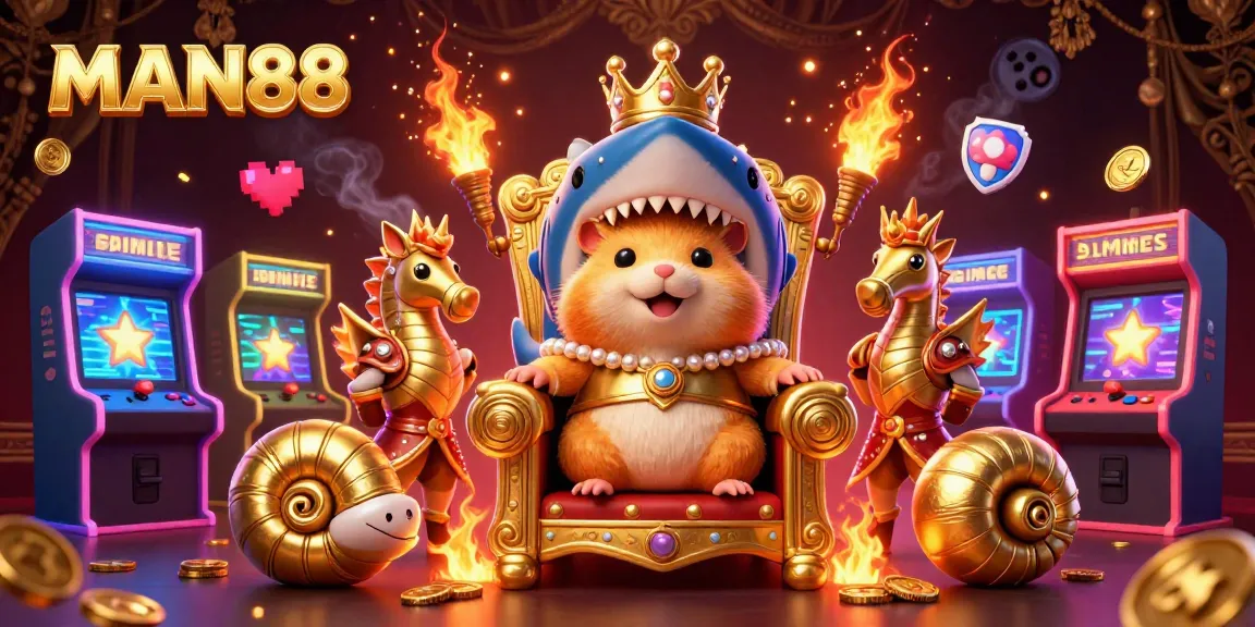 Unleash winning strategies at MAN88 with the hamster king commanding a vibrant casino scene.