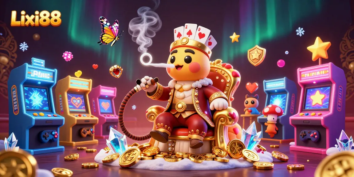 Join the fun at Lixi88 with colorful casino games, slot symbols, and energetic characters!