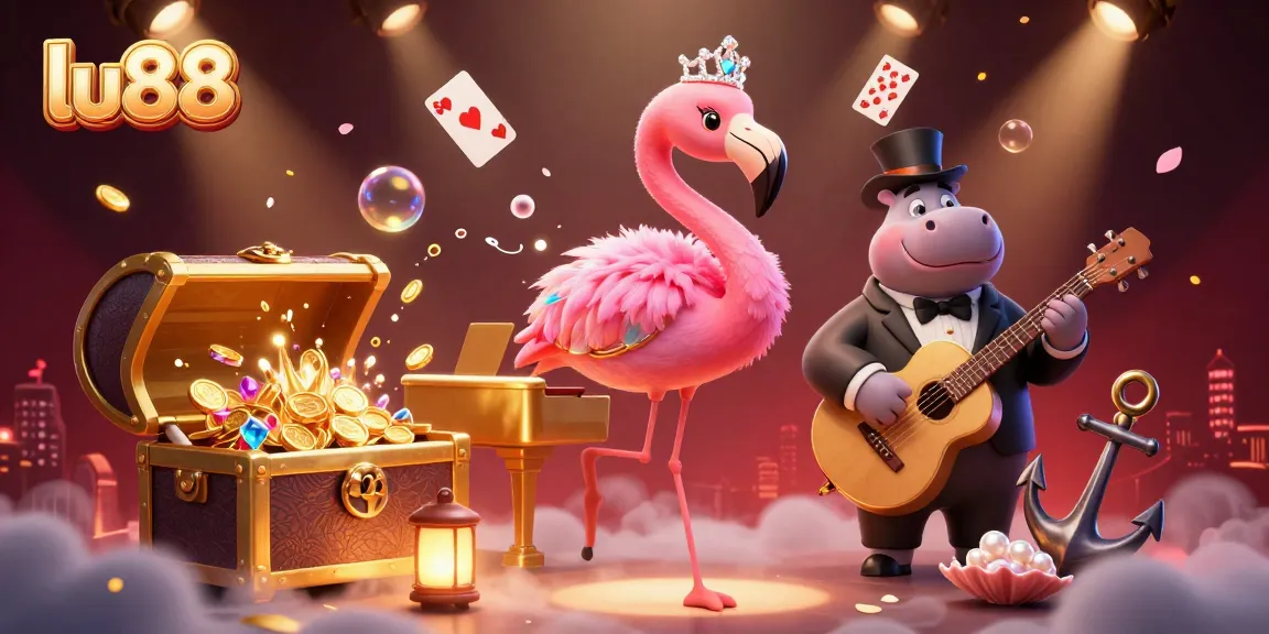 Experience the excitement of lu88 with playful flamingo and hippo characters amidst a vibrant casino scene.
