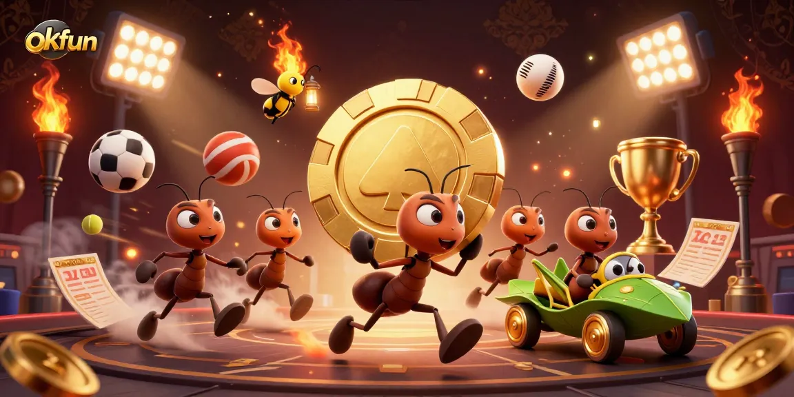 Experience the thrill of betting with okfun's animated ants carrying a giant poker chip!