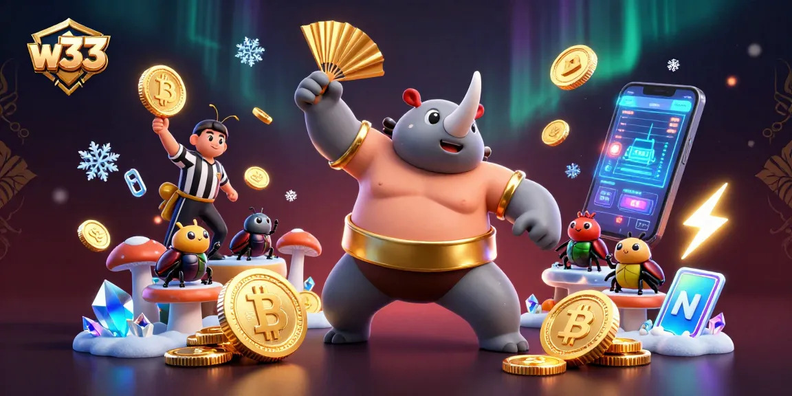 Spin for winnings with W33 Casino's thrilling 3D gaming scene and vibrant cryptocurrency elements.