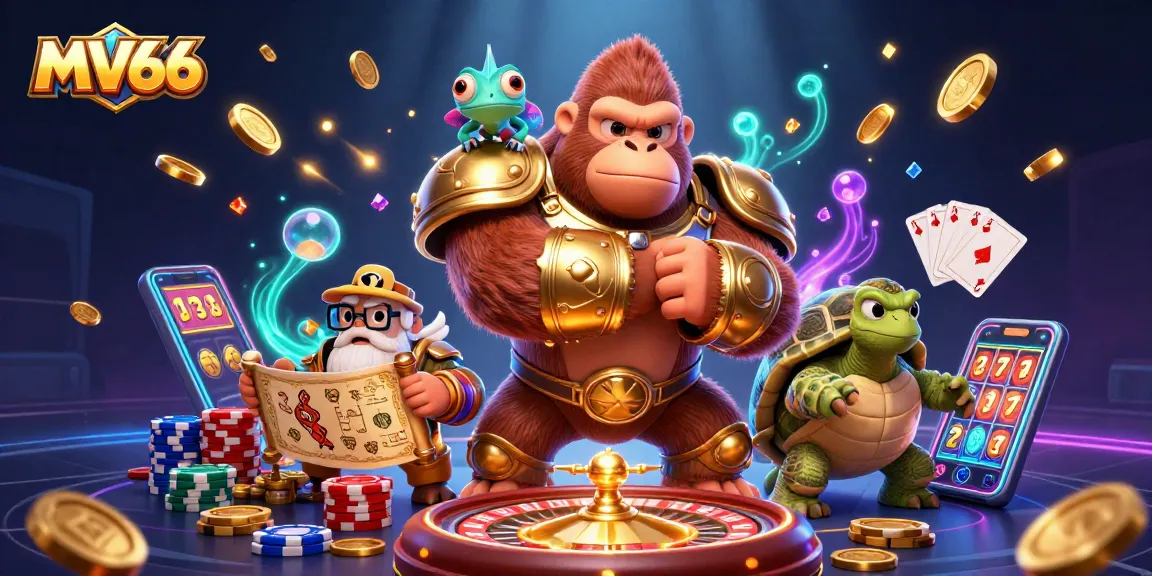 Win big with MV66 in this vibrant 3D casino scene filled with dynamic gaming elements.